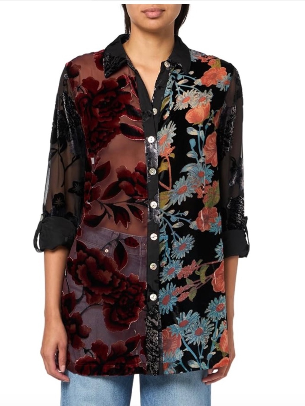 NWT John Mark Burnout Velvet Embroidered Floral Blouse - Petite Small